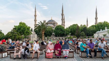 istanbul, Turkey - June 2019: Tourists resting and relaxing infront of Blue Mosque Sultanahmet Camiiのeditorial素材