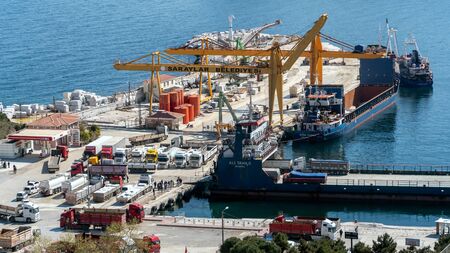 Marmara island - Turkey - April 2019: Marmara island harbour where marble products are loaded to...