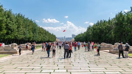 Ankara, Turkey - August 2019: People walk in Road of Lions to reach Anitkabir mausoleum of Mustafa...