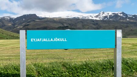 Signage for Eyjafjallajokull volcano in volcanic landscape in Icelandの写真素材