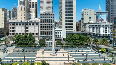 San Francisco, USA - August 2019: Top view of people walking in Union Square