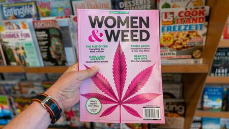 San Francisco, USA - August 2019: Hand holding a copy of the Women and Weed magazineのeditorial素材