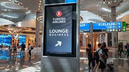 Istanbul, Turkey - May 2019: Interior view of new Istanbul Airport with the sign showing business loungeのeditorial素材