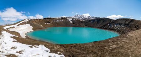 Viti crater geothermal lake and Oskjuvatn lake in Askja caldera, highlands of Icelandの写真素材