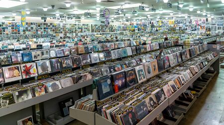 San Francisco, California, USA, August 2019: Music store with retro styled image of boxes with vinyl turntable records, San Francisco, USAのeditorial素材