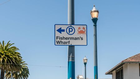 San Francisco, California, USA - August 2019: Fisherman's Wharf road directional signage