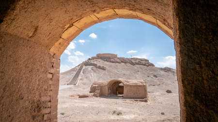 Yazd, Iran - May 2019: Ruins of Zoroastrians Dakhmeh Towers of Silence in Yazd city