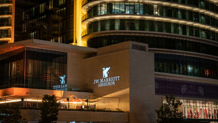Baku, Azerbaijan - July 2019: illuminated signage for Baku JW Marriott Absheron hotel, Azerbaijan