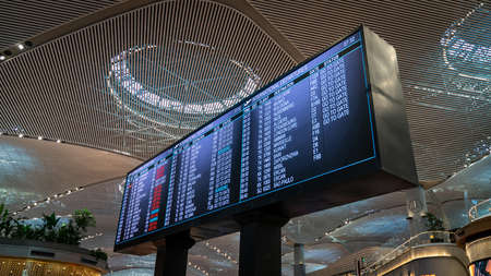 Istanbul, Turkey - May 2019: Flight information display in new Istanbul Airport displaying the upcoming flightsのeditorial素材