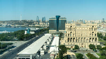 Baku, Azerbaijan - July 2019: Baku cityscape with Caspian Sea, Flame Towers and car trafficのeditorial素材