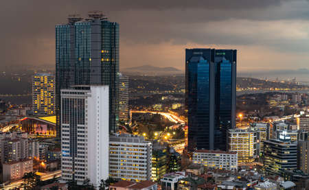 Istanbul, Turkey - December 2019: Aerial view of the city downtown and skyscrapers. Skyscrapers and modern office buildings at Levent and Besiktas districts with Bosphorus backgroundのeditorial素材