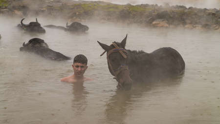 Guroymak, Bitlis, Turkey - February 2020: Young boy and his horse in thermal water, friendship with domestic animals, animal showerのeditorial素材