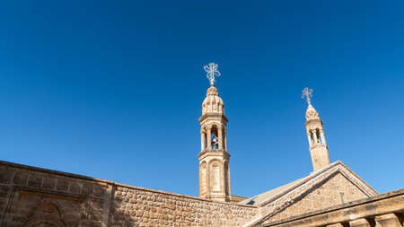 Midyat, Mardin, Turkey - January 2020: Architectural details of Mor Gabriel Deyrulumur Monastry. It is the oldest surviving Syriac Orthodox monastery in the world. Suitable for copy spaceのeditorial素材