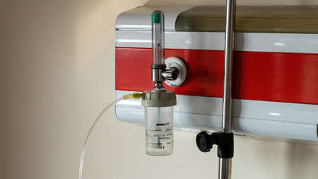 Ankara, Turkey - March 2021: Medical oxygen flow meter working near patient bed in hospital. Equipment medical Oxygen tank for a patient respiratory disease and emergency CPR at Hospital.のeditorial素材