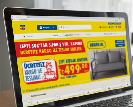Istanbul, Turkey - July 2021: Illustrative Editorial of Turkish Sok Market website homepage. Sok Market logo visible on laptop screen.のeditorial素材