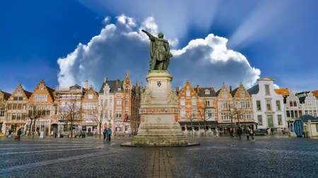 Ghent, Belgium - February 2018: Statue of Jacob van Artevelde in the Vrijdagmarkt square of Ghent,...