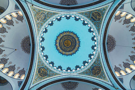 Camlica, Istanbul, Turkey - September 2021: Istanbul Camlica Mosque dome interior architectural details. Camlica mosque is Camlica Camii in Turkish and is the biggest mosque in Istanbul.のeditorial素材