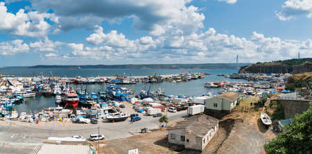 Rumeli Feneri, Istanbul, Turkey - August 2021: Rumeli Feneri harbor in Sariyer district. View of fishing boats in the port.のeditorial素材