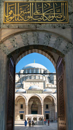 Istanbul, Turkey - September 2021: Suleymaniye Mosque architecture details with dome and entrance door. Suleymaniye mosque is built by Mimar Sinan during Ottoman Empire era.のeditorial素材