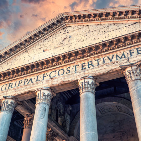 Rome, Italy - March 2017: Pantheon roman temple facade in Piazza della Rotonda. Pantheon is a former Roman temple and a church since year 609のeditorial素材