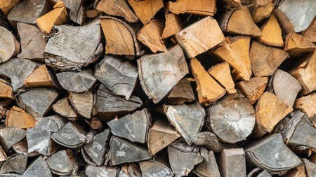 Cut wood logs stored in a storage yard. This woodpile are chopped and saved to burn in a stove...