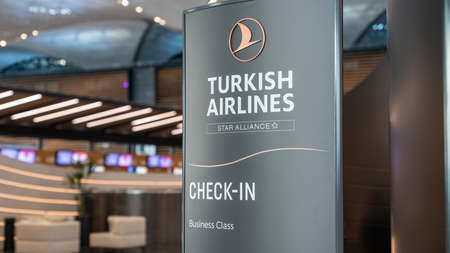 Istanbul, Turkey - February 2020: Turkish Airlines business class check-in counter in Istanbul Airportのeditorial素材
