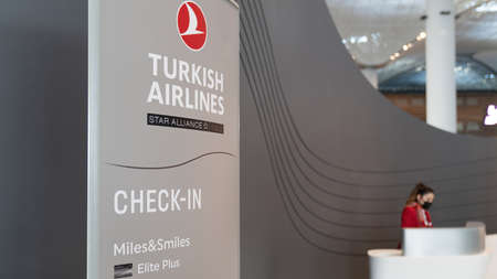 Istanbul, Turkey - February 2020: Turkish Airlines business class check-in counter in Istanbul Airportのeditorial素材