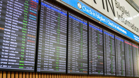 Istanbul, Turkey - May 2019: Flight information display in new Istanbul Airport displaying the upcoming flightsのeditorial素材