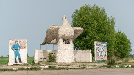 Kyrgyzstan - May 2022: Traditional Kyrgyz bus stop, which is in the shape of a dove.