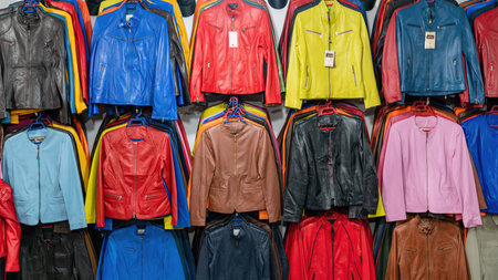 Moroccan leather goods on display at the showroom of a traditional tannery.の写真素材
