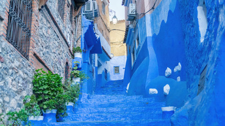 Chefchaouen town in Morocco, known as the Blue Pearl, famous for its striking blue color painted medina buildings and streets, creating a unique and magical atmosphere.の写真素材