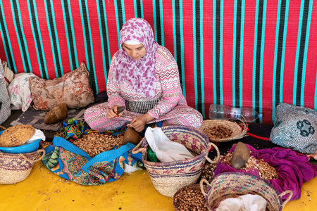 Ourika Valley, Morocco - 16 September 2022: Women work in a cooperative to manufacture argan fruits. They use small stones to crack the fruit open to find the argan nut, extracting the kernels.のeditorial素材