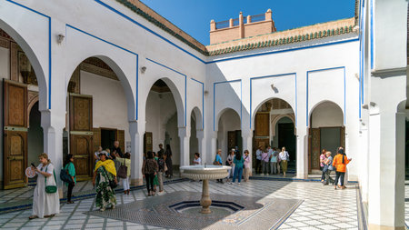 Bahia Palace, Marrakech, Morocco - 16 September 2022: Signage at the entrance of Bahia Palace, With traditional tiles, beautiful gardens, and stunning courtyards, it is a national landmarkのeditorial素材