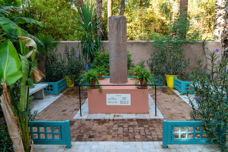 Marrakech, Morocco - 16 September 2022: Memorial for Yves Saint Laurent and Pierre Berge, inside the Majorelle Garden, a botanical garden designed by Yves Saint Laurentのeditorial素材