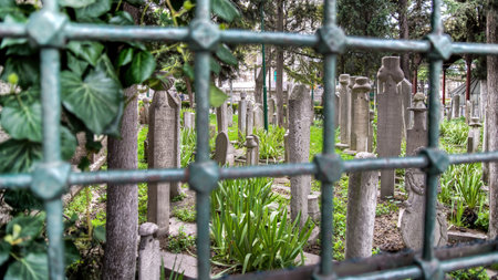 The historic tombstones in the Traditional Islamic Ottoman style in Eyup cemetery, Istanbul, Turkiyeの写真素材