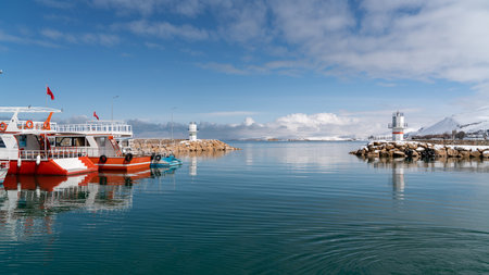 Tour boats at Van Lake harbor ready to sail to Akdamar island of Armenian Akdamar church. Van lake...