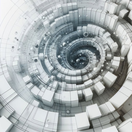 Abstract 3d render, white circular geometric background design with boxes and cubes. Digital...