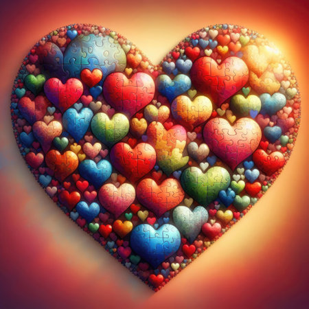 A big heart arranged like a puzzle of smaller hearts coming together. Concept of unity, love and...