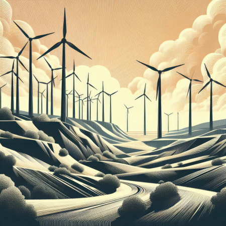 Wind turbines harmoniously blending with nature, conveying a sense of clean and renewable energy....