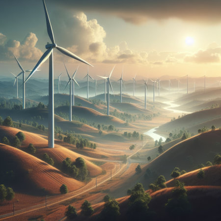 Wind turbines harmoniously blending with nature, conveying a sense of clean and renewable energy....