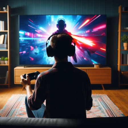 Gamer teen playing a video game on large screen with a gamepad. Gaming and playing video games...