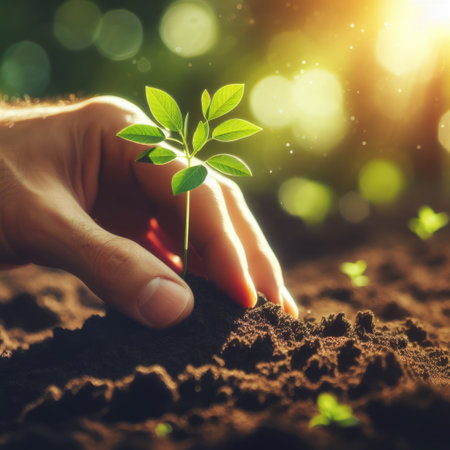Hands holding and planting a seedling into the earth. Concept of planting, forestation and ecology....