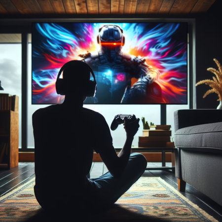 Gamer teen playing a video game on large screen with a gamepad. Gaming and playing video games concept. Generative ai.の写真素材
