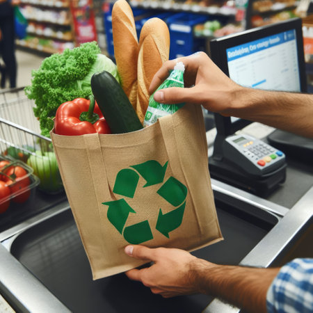 Closeup of a grocery store cashier packing food into a reusable bag. Concept of eco-friendly shopping, promoting sustainability. Generative aiの写真素材
