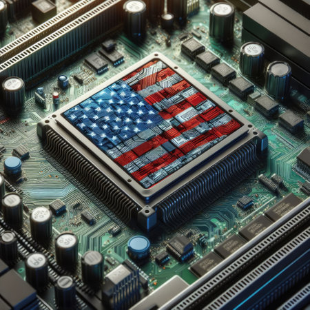 Flag of USA on a processor, CPU Central processing Unit or GPU microchip on a motherboard. Digital illustration, generative aiの写真素材