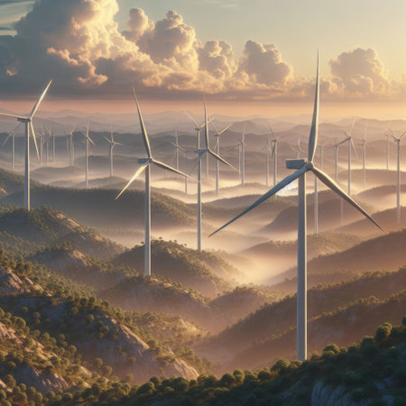 Wind turbines harmoniously blending with nature, conveying a sense of clean and renewable energy....