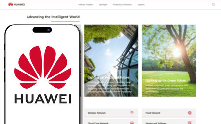 Istanbul, Turkey - 3 April 2024: Huawei logo on smartphone screen with its website in background....