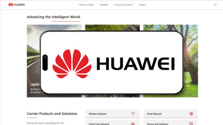 Istanbul, Turkey - 3 April 2024: Huawei logo on smartphone screen with its website in background....