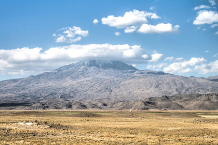 Mount Ararat, Agri Dagi, the highest mountain of Turkey. This mountain is accepted in Christianity as the resting place of Noah's Ark, a snow-capped and dormant compound volcanoの写真素材