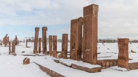 Historical Ahlat cemetery tombstones left by the Ahlatshah dynasty in an islamic cemetery.の写真素材